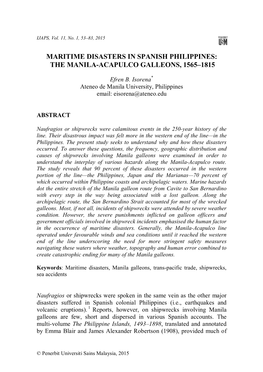 Maritime Disasters in Spanish Philippines: the Manila-Acapulco Galleons, 1565–1815