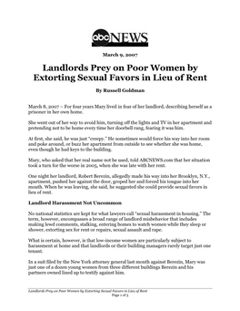 Landlords Prey on Poor Women by Extorting Sexual Favors in Lieu of Rent