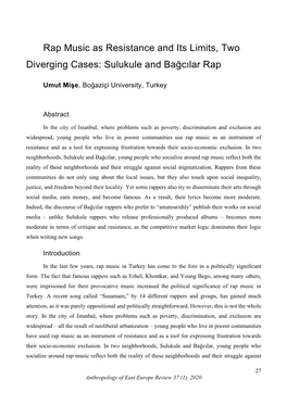 Rap Music As Resistance and Its Limits, Two Diverging Cases: Sulukule and Bağcılar Rap