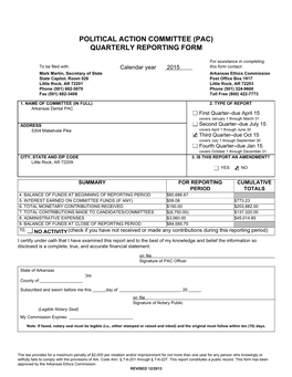 Political Action Committee (Pac) Quarterly Reporting Form