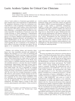 Lactic Acidosis Update for Critical Care Clinicians