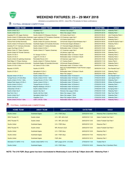 Weekend Fixtures: 25 – 29 May 2018