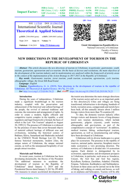 New Directions in the Development of Tourism in the Republic of Uzbekistan. ISJ Theoretical & Applied Science, 06 (74), 211-220