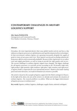Contemporary Challenges in Military Logistics Support