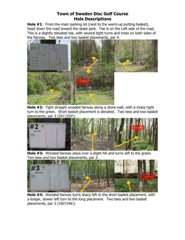 Town of Sweden Disc Golf Course Hole Descriptions Hole #1: from the Main Parking Lot (Next to the Warm-Up Putting Basket), Head Down the Road Toward the Skate Park