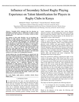 Influence of Secondary School Rugby Playing Experience on Talent Identification for Players in Rugby Clubs in Kenya