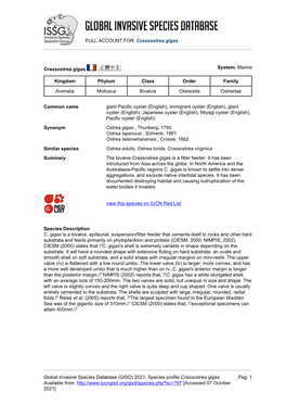 FULL ACCOUNT FOR: Crassostrea Gigas Global Invasive Species Database (GISD) 2021. Species Profile Crassostrea Gigas. Available F