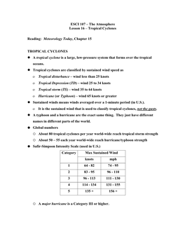 ESCI 107 – the Atmosphere Lesson 16 – Tropical Cyclones Reading