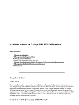 Division of Invertebrate Zoology (DIZ): 2003 Fall Newsletter