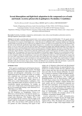 Sexual Dimorphism and Light/Dark Adaptation in the Compound Eyes of Male and Female Acentria Ephemerella (Lepidoptera: Pyraloidea: Crambidae)