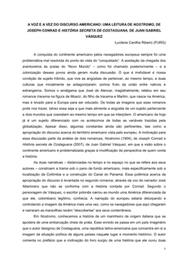 UMA LEITURA DE NOSTROMO, DE JOSEPH CONRAD E HISTÓRIA SECRETA DE COSTAGUANA, DE JUAN GABRIEL VÁSQUEZ Lucilene Canilha Ribeiro (FURG)