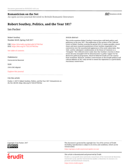 Robert Southey, Politics, and the Year 1817 Ian Packer