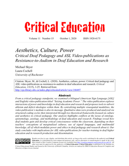 Aesthetics, Culture, Power Critical Deaf Pedagogy and ASL Video-Publications As Resistance-To-Audism in Deaf Education and Research