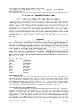 2. Mythili P, Kavitha T. Overview on Cucurbita Maxima Seed