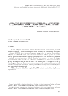 Los Documentos Históricos De Los Primeros Momentos De La Conquista Del Río De La Plata (S Xvi-Xvii): Una Síntesis Etnohistórica Comparativa