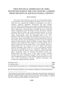 Theo-Political Dominance of Afro- Pentecostalism in the 21St Century: Lessons from the Kenyan Socio-Ecclesial Context