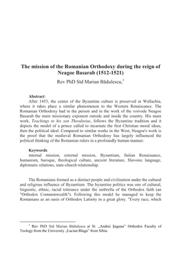 The Mission of the Romanian Orthodoxy During the Reign of Neagoe Basarab (1512-1521) Rev Phd Std Marian Bădulescu,1