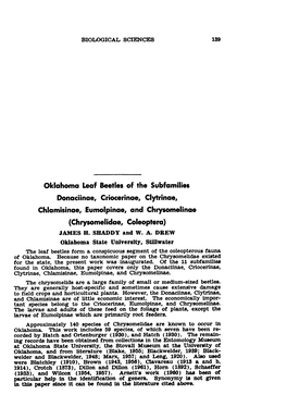 Oklahoma Leaf Beetles of the Subfamilies Donaciinae, Criocerinae, Clytrinae, Chlamisinae, Eumolpinae, and Chrysomelinae (Chrylomelidae, Coleoptera) JAMES H