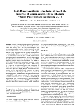 1Α,25‑Dihydroxyvitamin D3 Restrains Stem Cell‑Like Properties of Ovarian Cancer Cells by Enhancing Vitamin D Receptor and Suppressing CD44