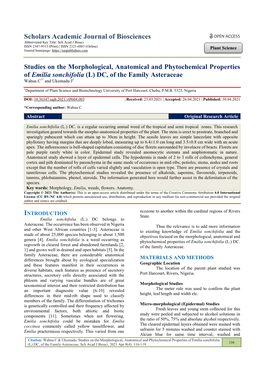 Studies on the Morphological, Anatomical and Phytochemical Properties of Emilia Sonchifolia (L) DC, of the Family Asteraceae Wahua C1* and Ukomadu J1