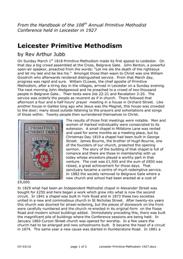 Leicester Primitive Methodism by Rev Arthur Jubb on Sunday March 1St 1818 Primitive Methodism Made Its First Appeal to Leidester