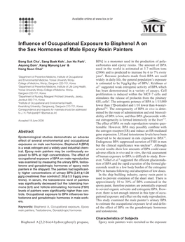 Influence of Occupational Exposure to Bisphenol a on the Sex Hormones of Male Epoxy Resin Painters