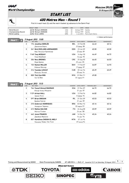 START LIST 400 Metres Men - Round 1 First 4 in Each Heat (Q) and the Next 4 Fastest (Q) Advance to the Semi-Final