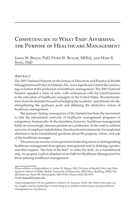 Competencies to What End? Affirming the Purpose of Healthcare Management