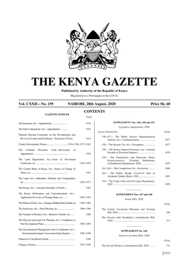 THE KENYA GAZETTE Published by Authority of the Republic of Kenya (Registered As a Newspaper at the G.P.O.)