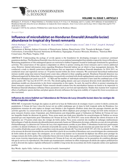 Influence of Microhabitat on Honduran Emerald (Amazilia Luciae) Abundance in Tropical Dry Forest Remnants