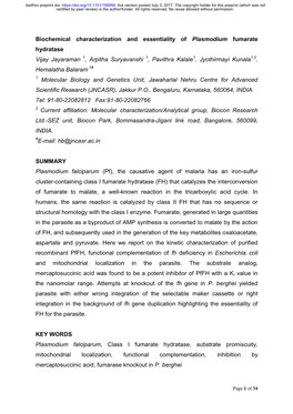 Biochemical Characterization and Essentiality of Plasmodium