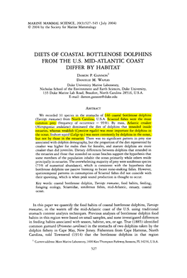 Diets of Coastal Bottlenose Dolphins from the U. S. Mid