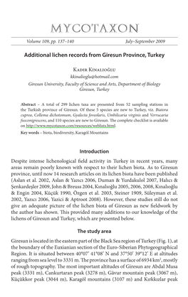 Additional Lichen Records from Giresun Province, Turkey