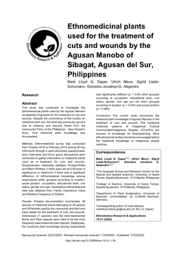 Ethnomedicinal Plants Used for the Treatment of Cuts and Wounds by the Agusan Manobo of Sibagat, Agusan Del Sur, Philippines Mark Lloyd G