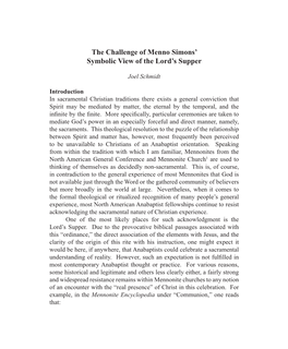 The Challenge of Menno Simons' Symbolic View of the Lord's Supper (The Conrad Grebel Review, Fall 2006)