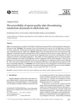 The Reversibility of Sperm Quality After Discontinuing Nandrolone Decanoate in Adult Male Rats