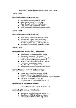 Premier's Teacher Scholarships Alumni 2000