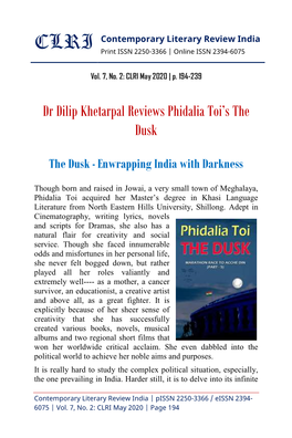 Dr Dilip Khetarpal Reviews Phidalia Toi's the Dusk