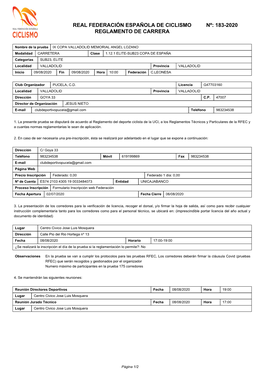 Real Federación Española De Ciclismo Nº: 183-2020 Reglamento De Carrera