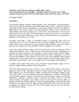 Testimony of Tom Wooten, Chairman, Samish Indian Nation House Natural Resources Subcommittee on Indian, Insular and Alaska Native Affairs Legislative Hearing on H.R