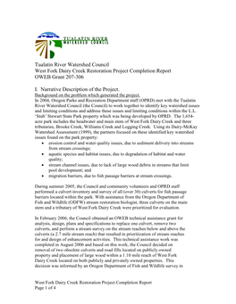 Tualatin River Watershed Council West Fork Dairy Creek Restoration Project Completion Report OWEB Grant 207-306
