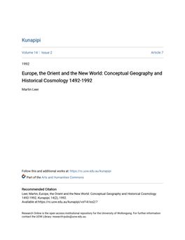 Europe, the Orient and the New World: Conceptual Geography and Historical Cosmology 1492-1992