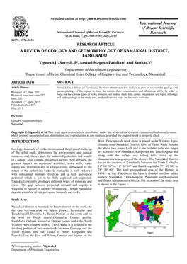 A REVIEW of GEOLOGY and GEOMORPHOLOGY of NAMAKKAL DISTRICT, TAMILNADU Vignesh.J1, Suresh.B2, Arvind Magesh Pandian2 and Sankar.V2