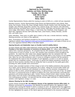 MINUTES Approved by the Committee Judiciary and Rules Working Group Tuesday, July 28, 2020 9:00 AM to Noon State Capitol Boise