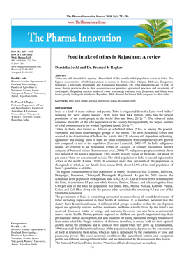 Food Intake of Tribes in Rajasthan: a Review TPI 2019; 8(6): 753-756 © 2019 TPI Darshika Joshi and Dr