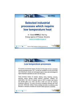 Selected Industrial Processes Which Require Low Temperature Heat