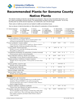 Native Plants the Selection of Plants on This List Is Not Intended to Be Exhaustive