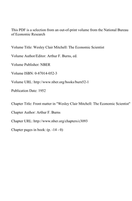 Front Matter In" Wesley Clair Mitchell: the Economic Scientist"