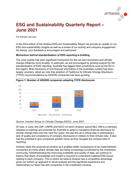 ESG and Sustainability Quarterly Report – June 2021