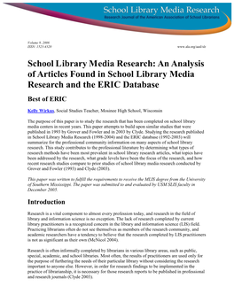 An Analysis of Articles Found in School Library Media Research and the ERIC Database Best of ERIC